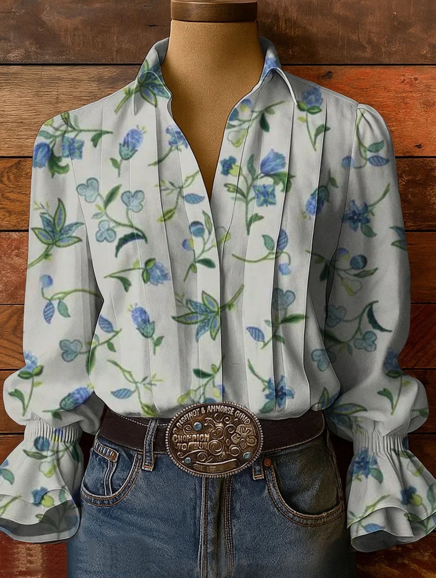 Women's Floral Art Print Casual Cotton-Linen Blend Shirt