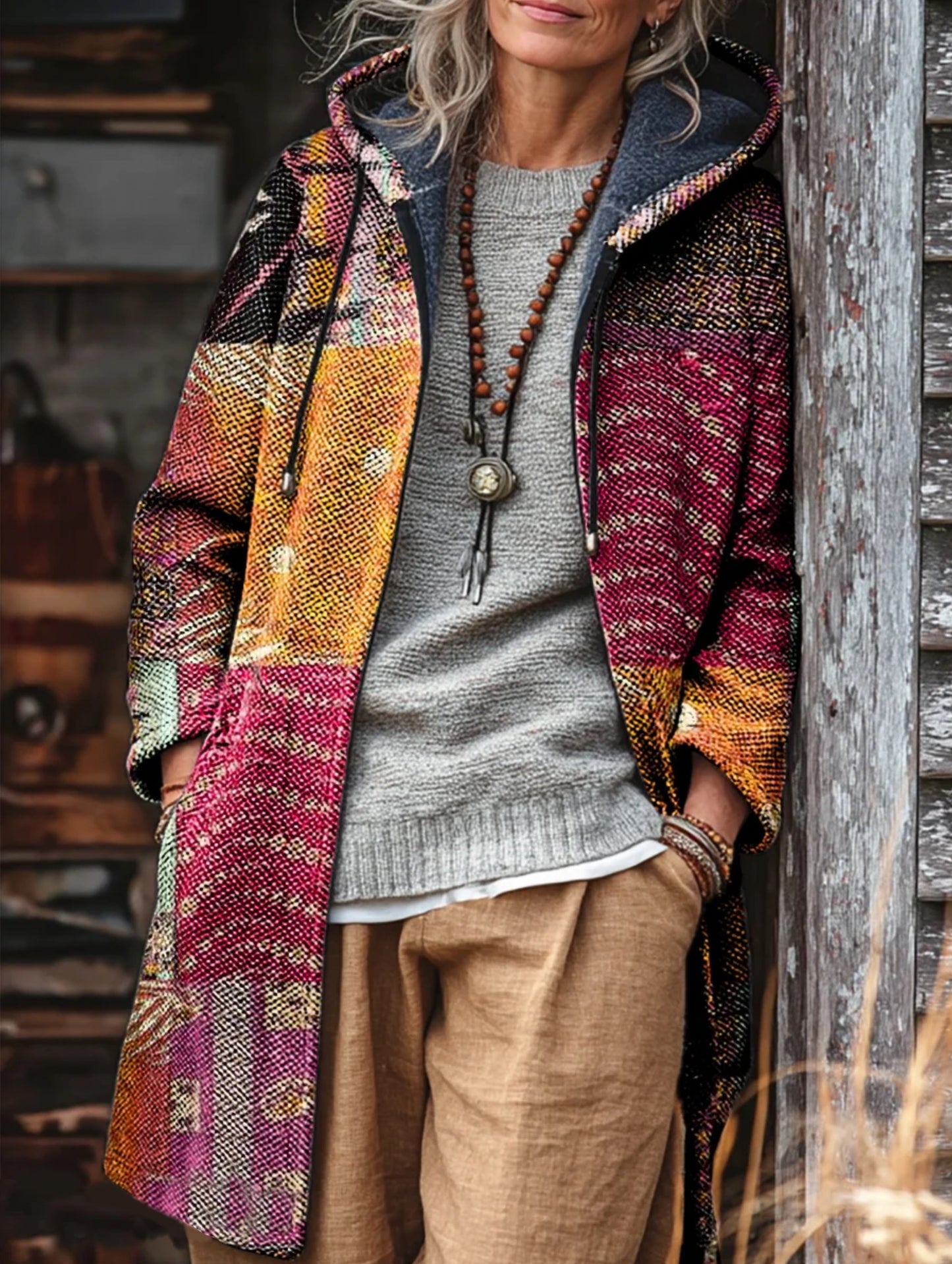 Unisex Bohemian Patchwork Art Print Casual Fleece Long Coat