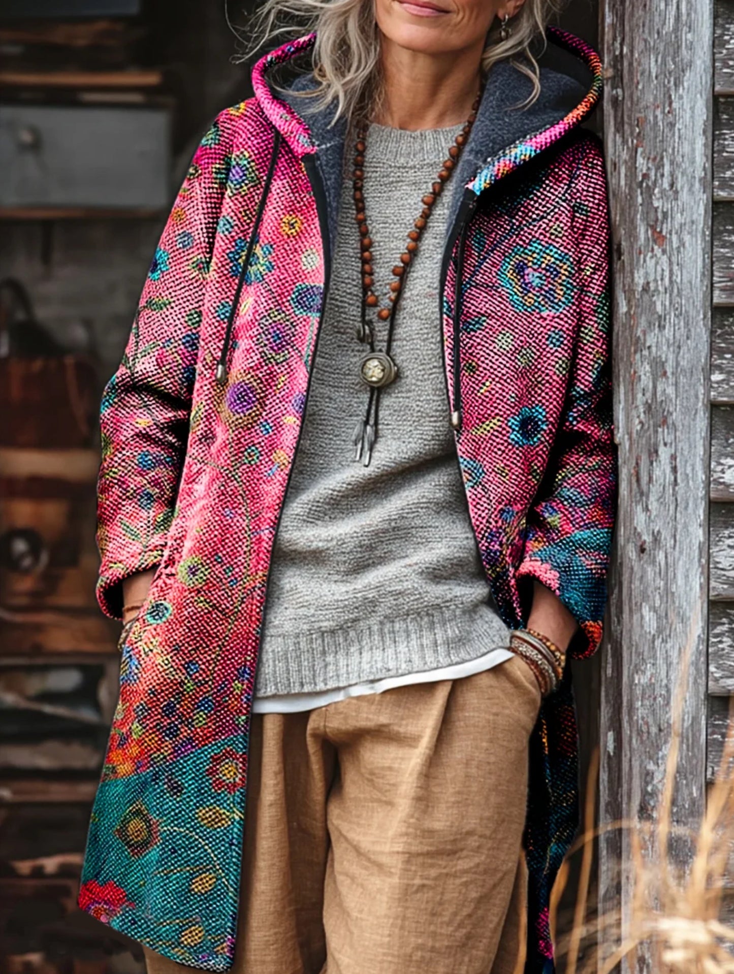 Unisex Colorful Ethnic Flowers Print Plush Thick Long-Sleeved Sweater Cardigan Coat