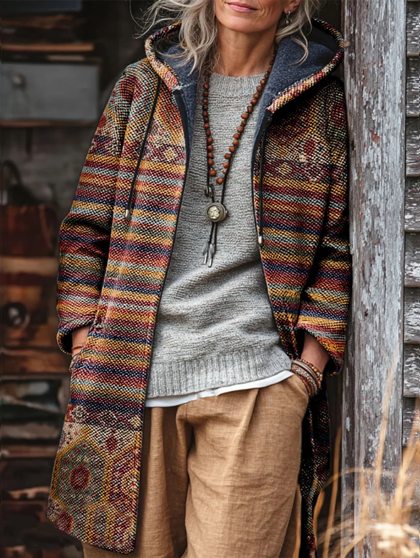 Unisex Ethnic Geometry Pattern Plush Thick Long-Sleeved Sweater Cardigan Coat