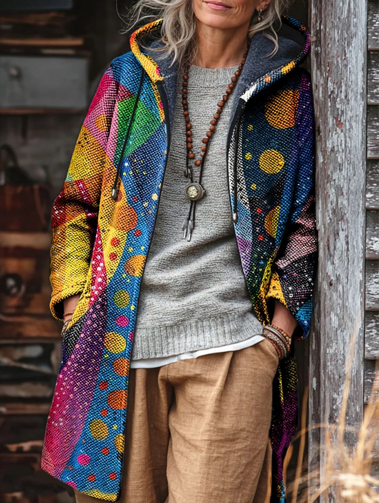 Unisex Colorful Irregular Wrinkle Pattern Art Print Fleece-Lined Thickened Long-Sleeve Knit Cardigan Jacket