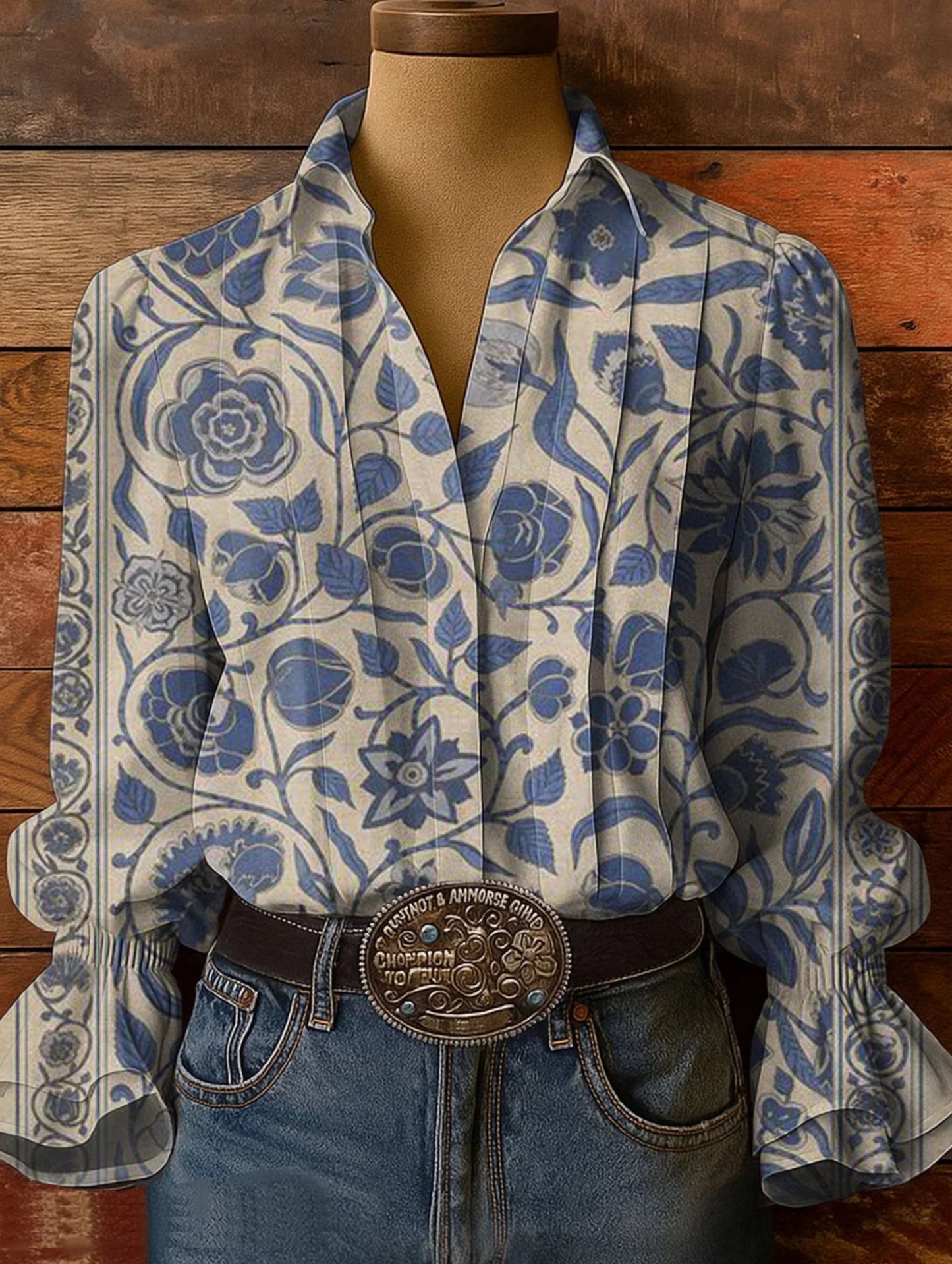 Women's Floral Art Print Casual Cotton-Linen Blend Shirt