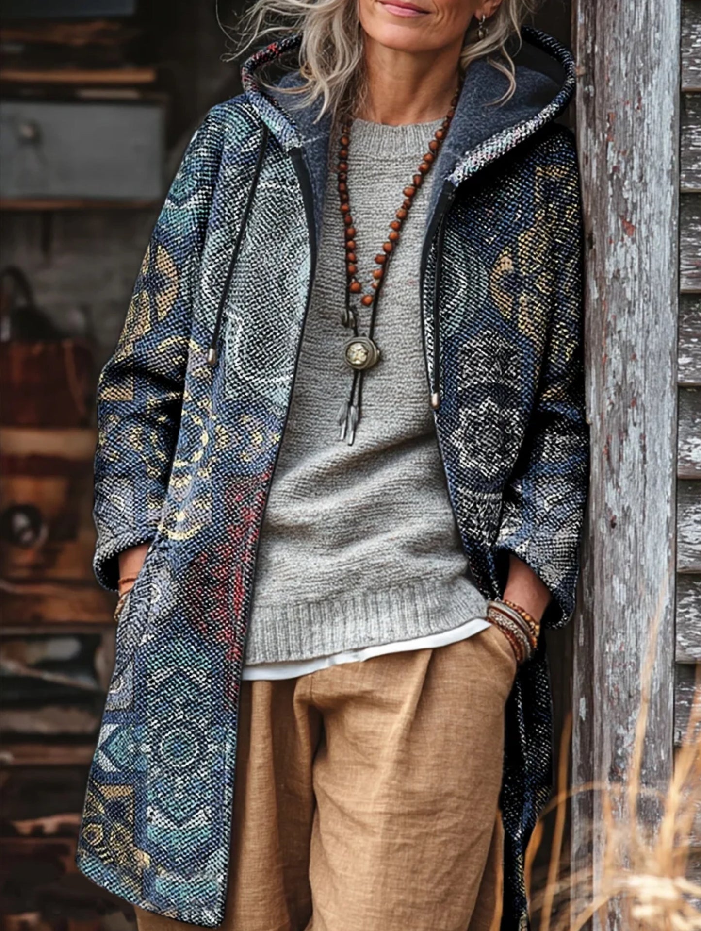 Unisex Vintage Bohemian Floral Art Print Casual Fleece Long Coat