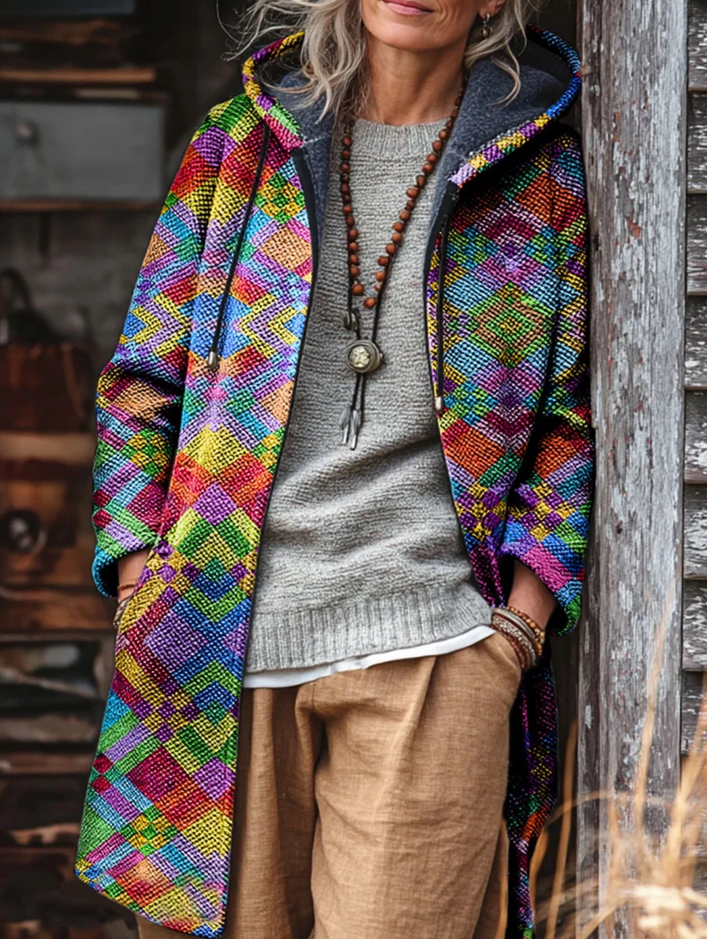 Unisex Colorful Geometric Art Print Fleece-Lined Thickened Long-Sleeve Knit Cardigan Jacket