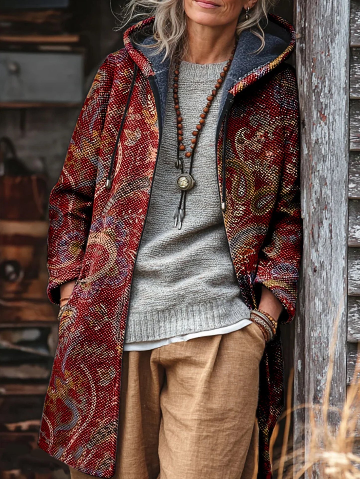 National Style Paisley Unisex Plush Thick Long-Sleeved Sweater Cardigan Coat