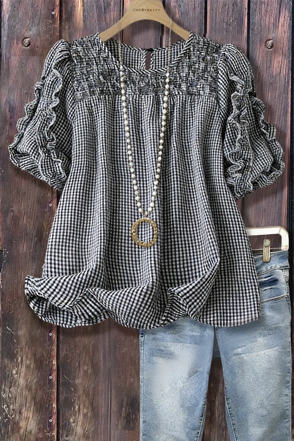Casual Gingham Smocked Bodice Ruffle Short Sleeve Blouse
