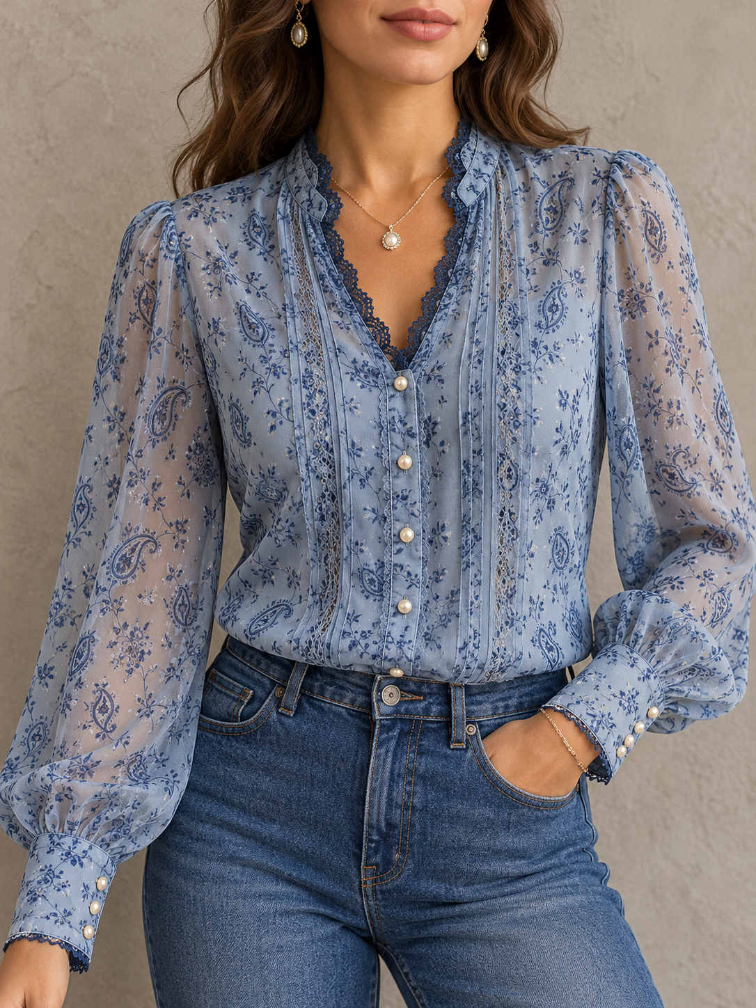 Blue Paisley Print Sheer Long Sleeve Blouse