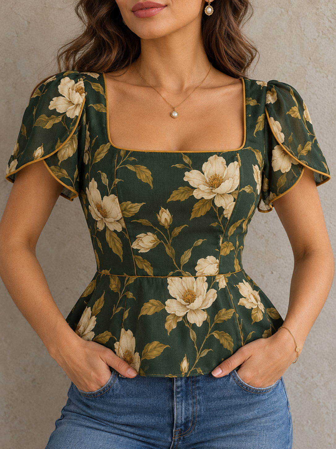 DarkGreen Floral Print Square Neck Peplum Top