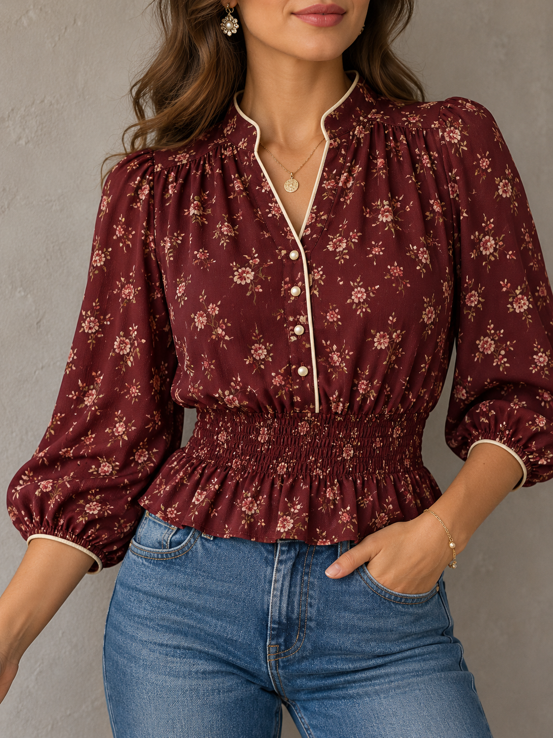 Burgundy Floral Print Shirred Waist Long Sleeve Blouse