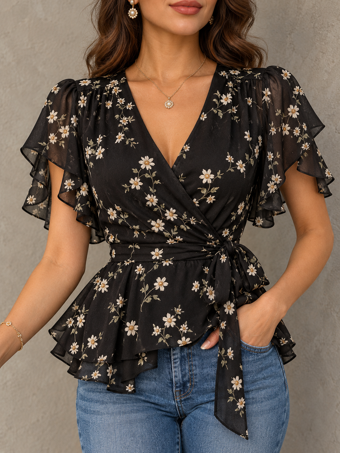 Black Floral Print Ruffle Sleeve Wrap Blouse