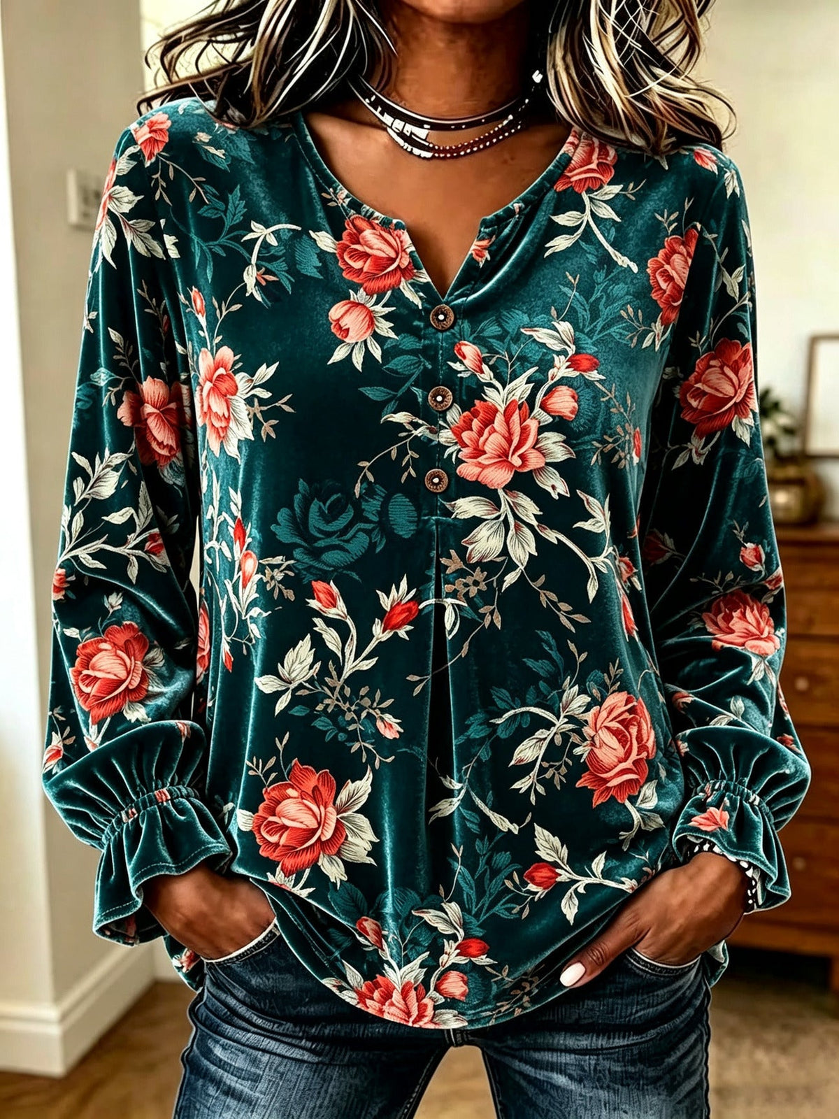 Green Floral Velvet Button-Up Top