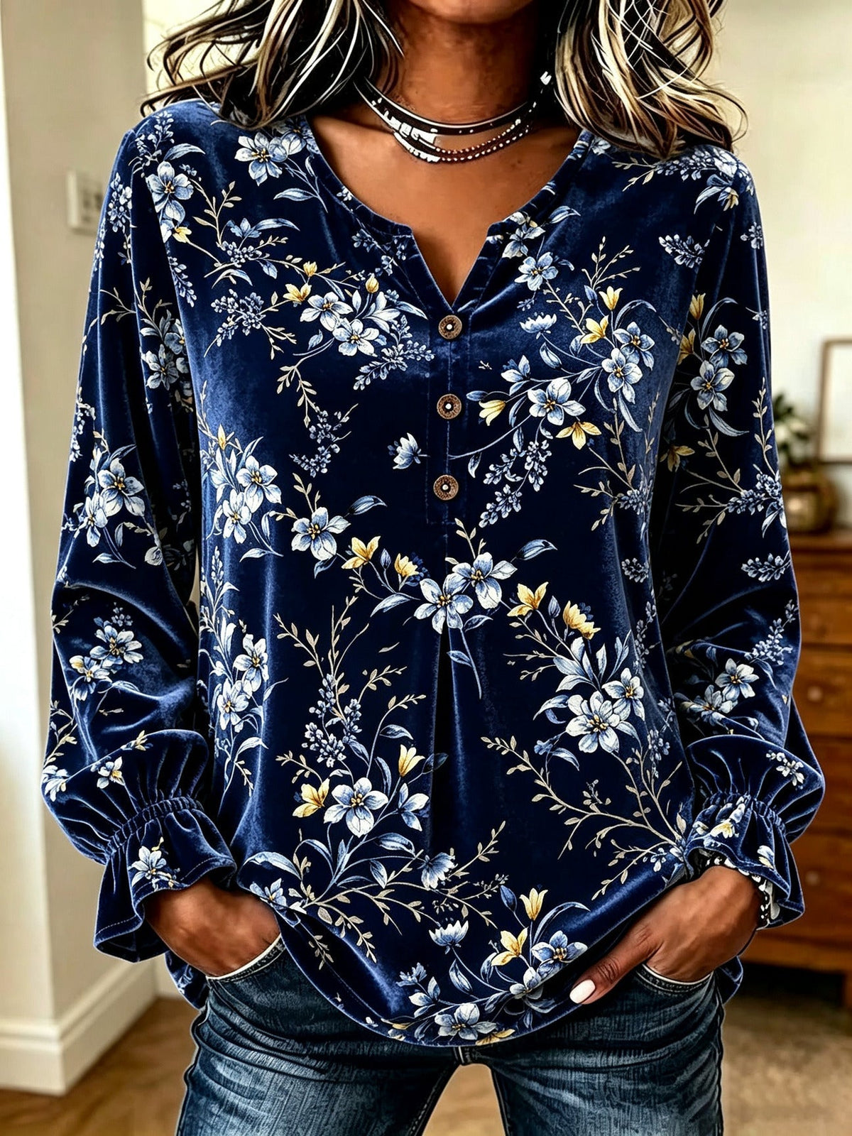 Navy Floral Velvet Blouse