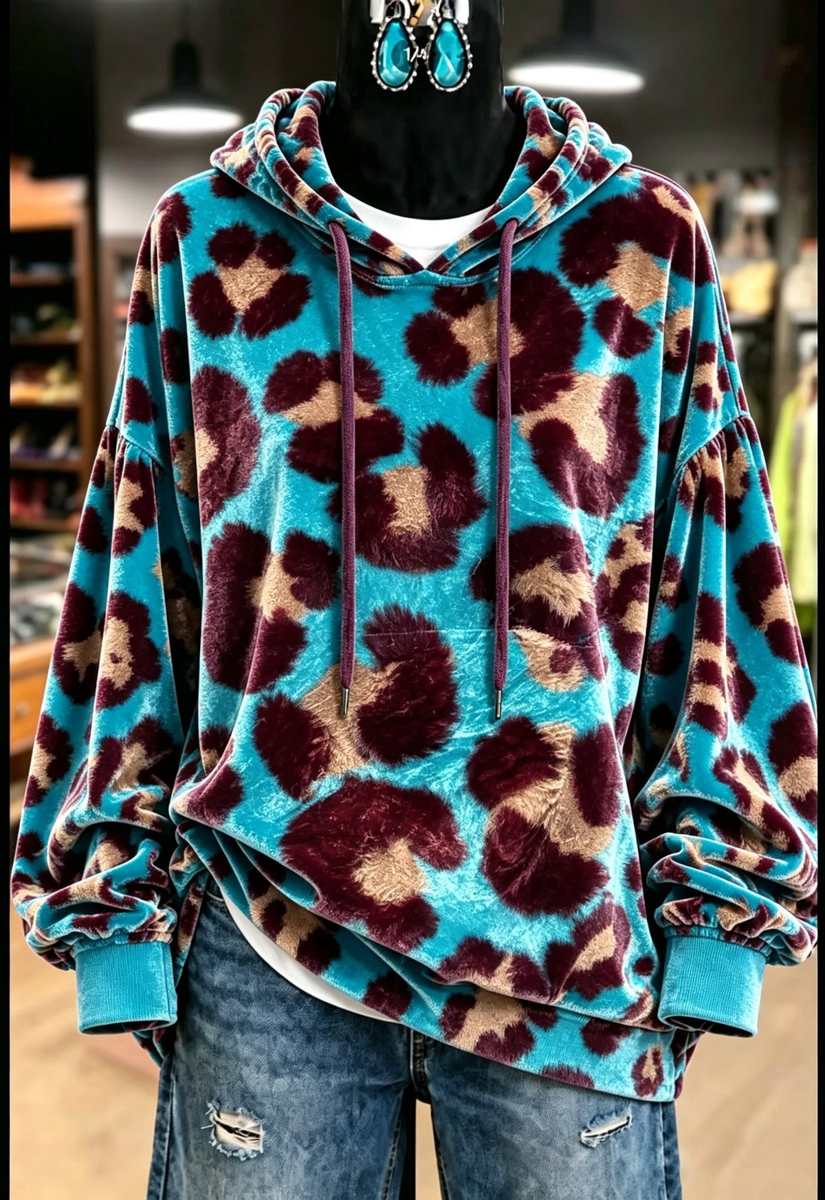 Teal Leopard Velvet Hoodie