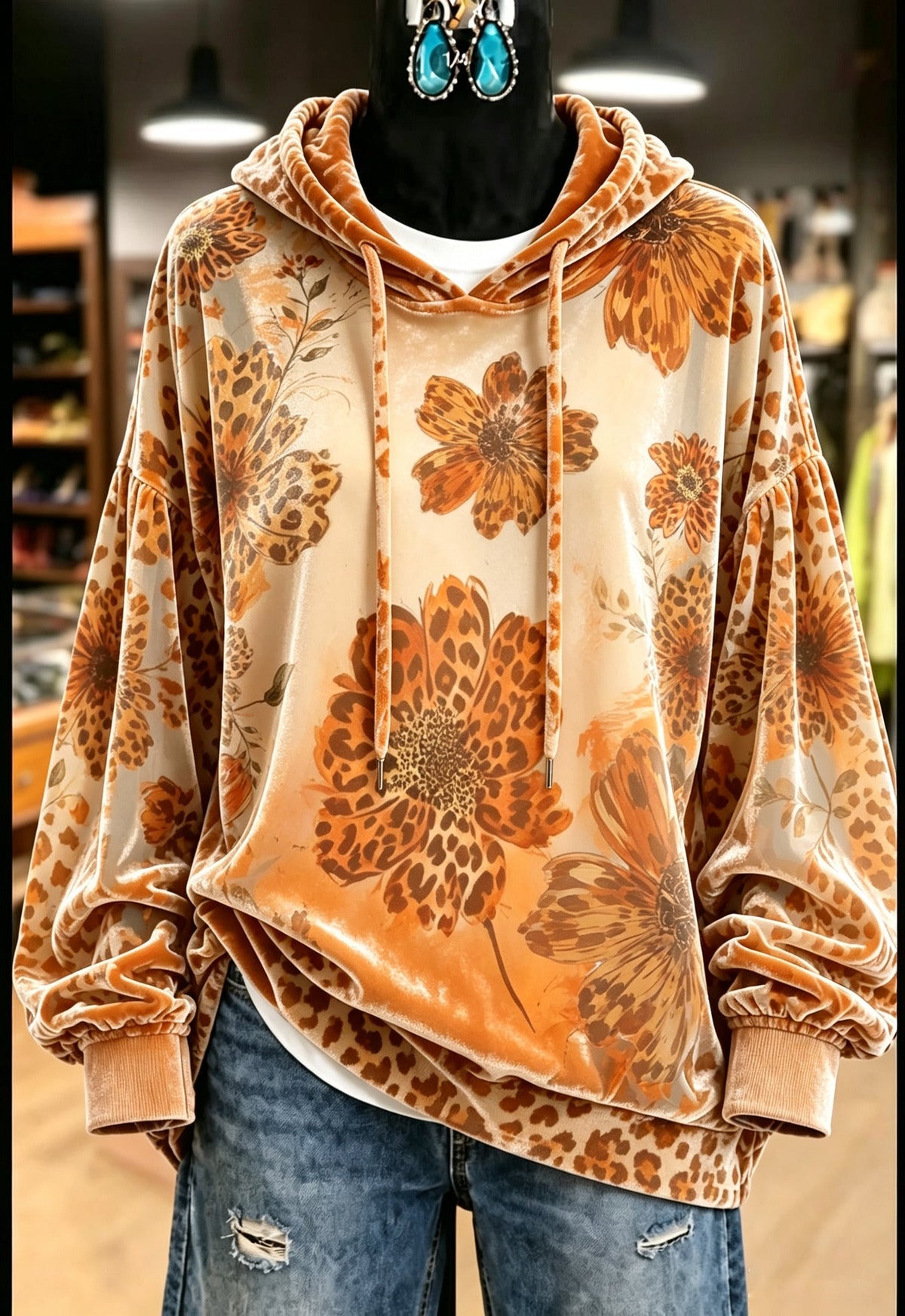 Orange Leopard Floral Velvet Hoodie