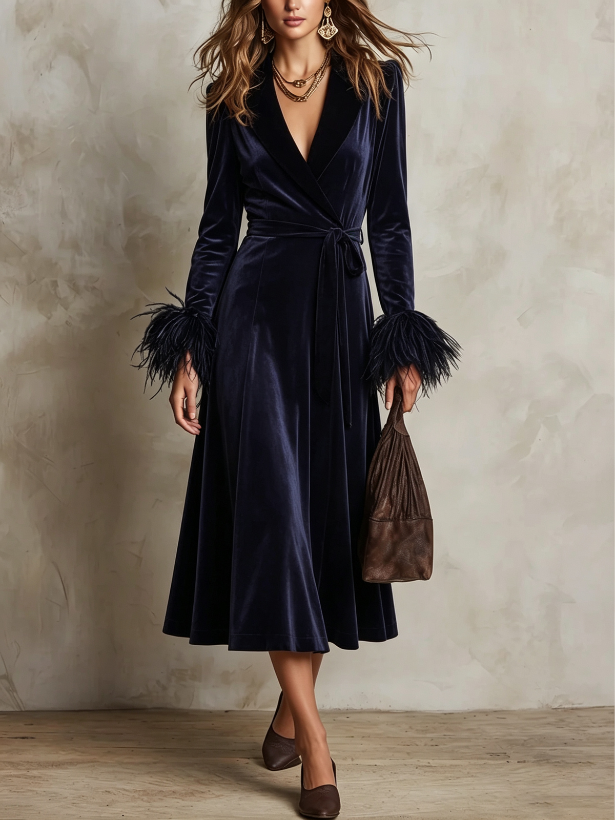 Navy Velvet Feather Cuff Wrap Dress