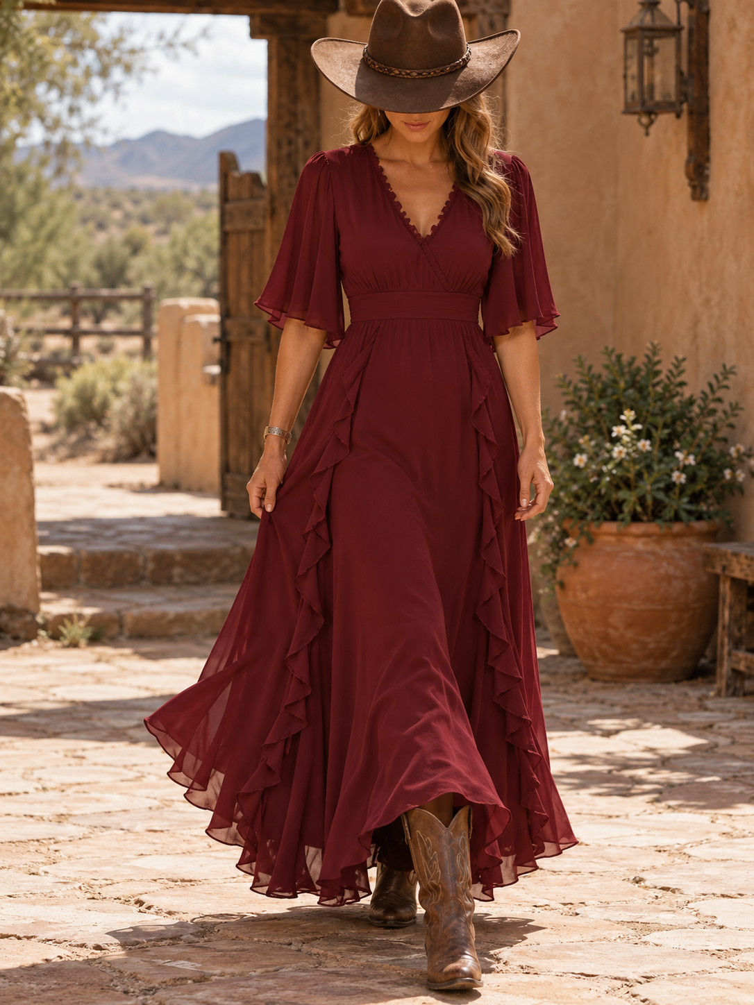 Burgundy V Neck Ruffle Tiered Maxi Dress