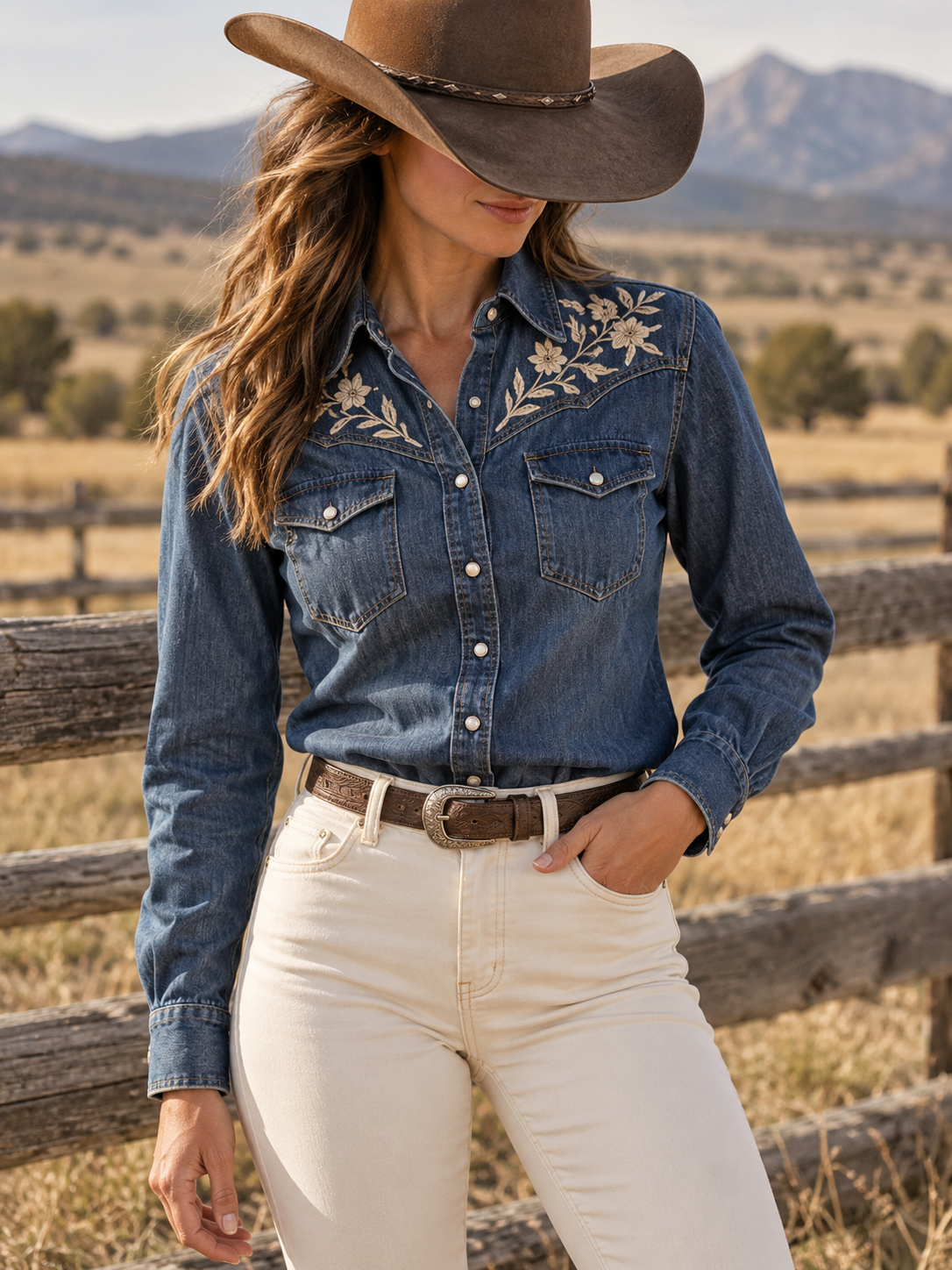 Blue Denim Floral Embroidered Western Shirt