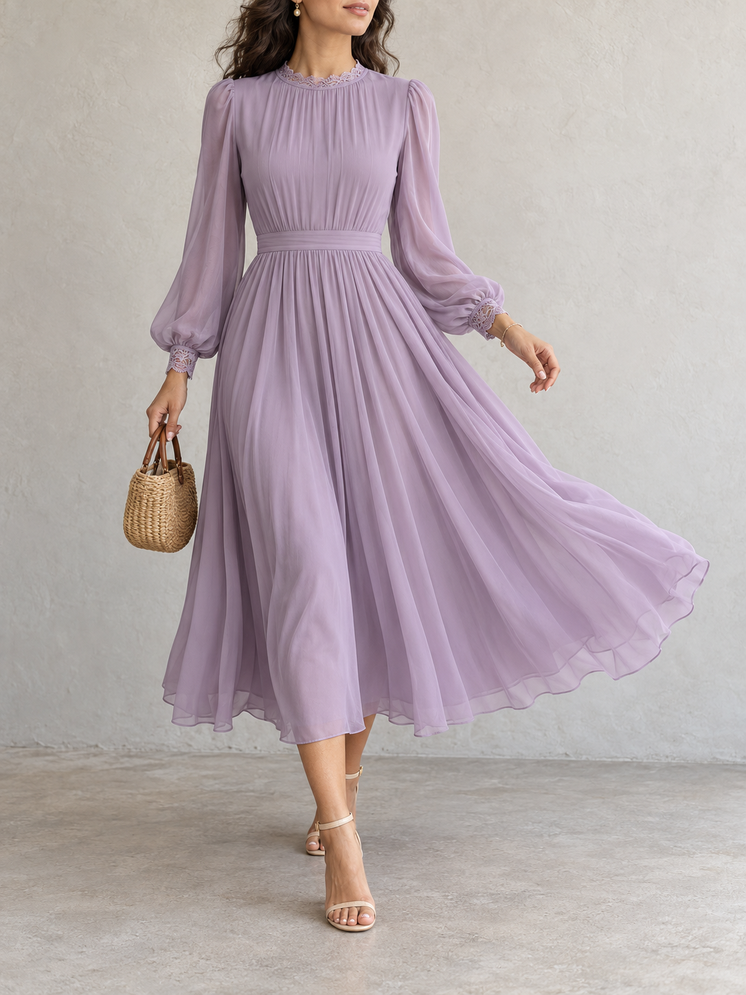 Lilac Chiffon Lace Trim Long Sleeve Midi Dress