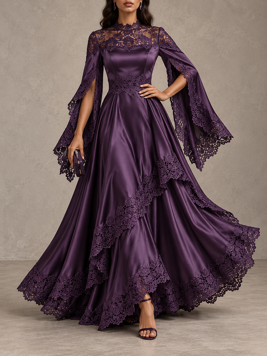 Purple Satin Lace Trim Long Sleeve Maxi Dress