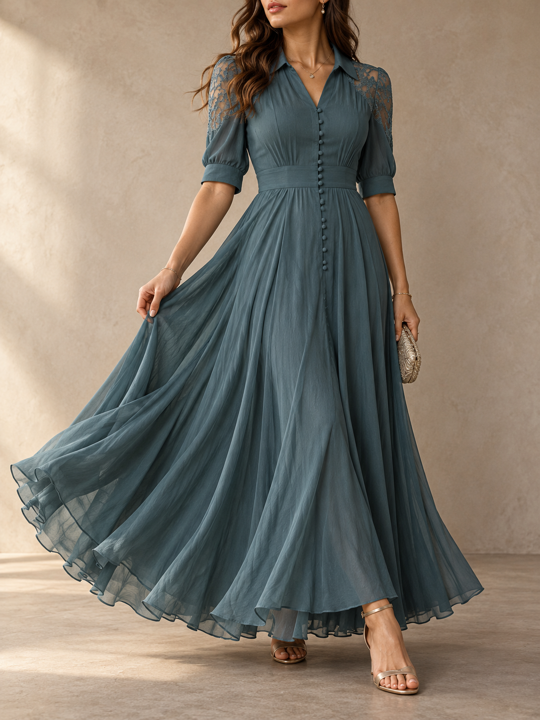 Blue Grey Chiffon Lace Trim Button Front Maxi Dress