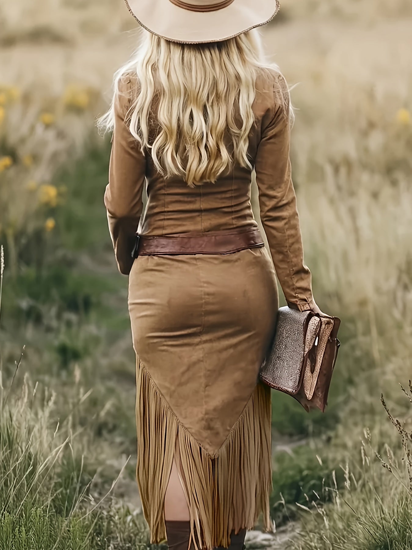 American Western Style Suede Zipper Waist-Cinching Fringe Maxi Dress