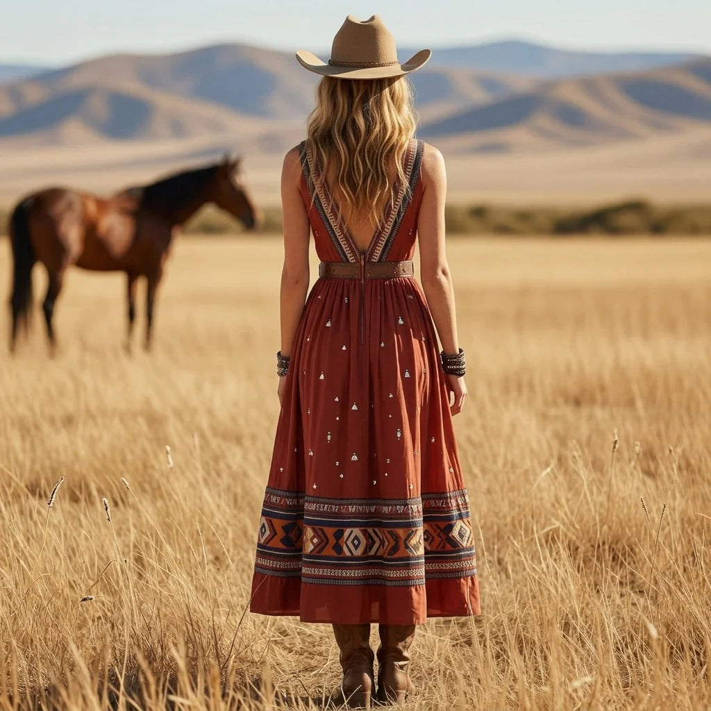 Deep V Backless Sleeveless Ethnic Geo Print Waisted Boho Maxi Dress