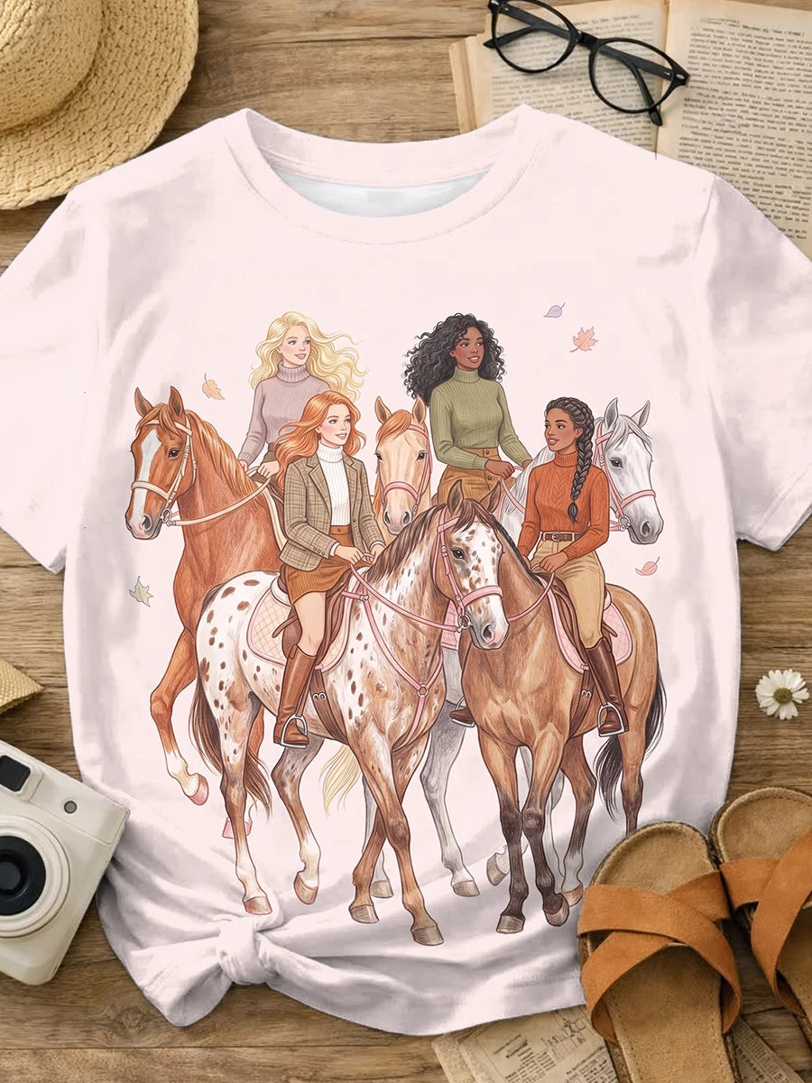 Light Pink Vintage Four Cowgirls Riding Horses Autumn Leaves Print Crew Neck T-shirt
