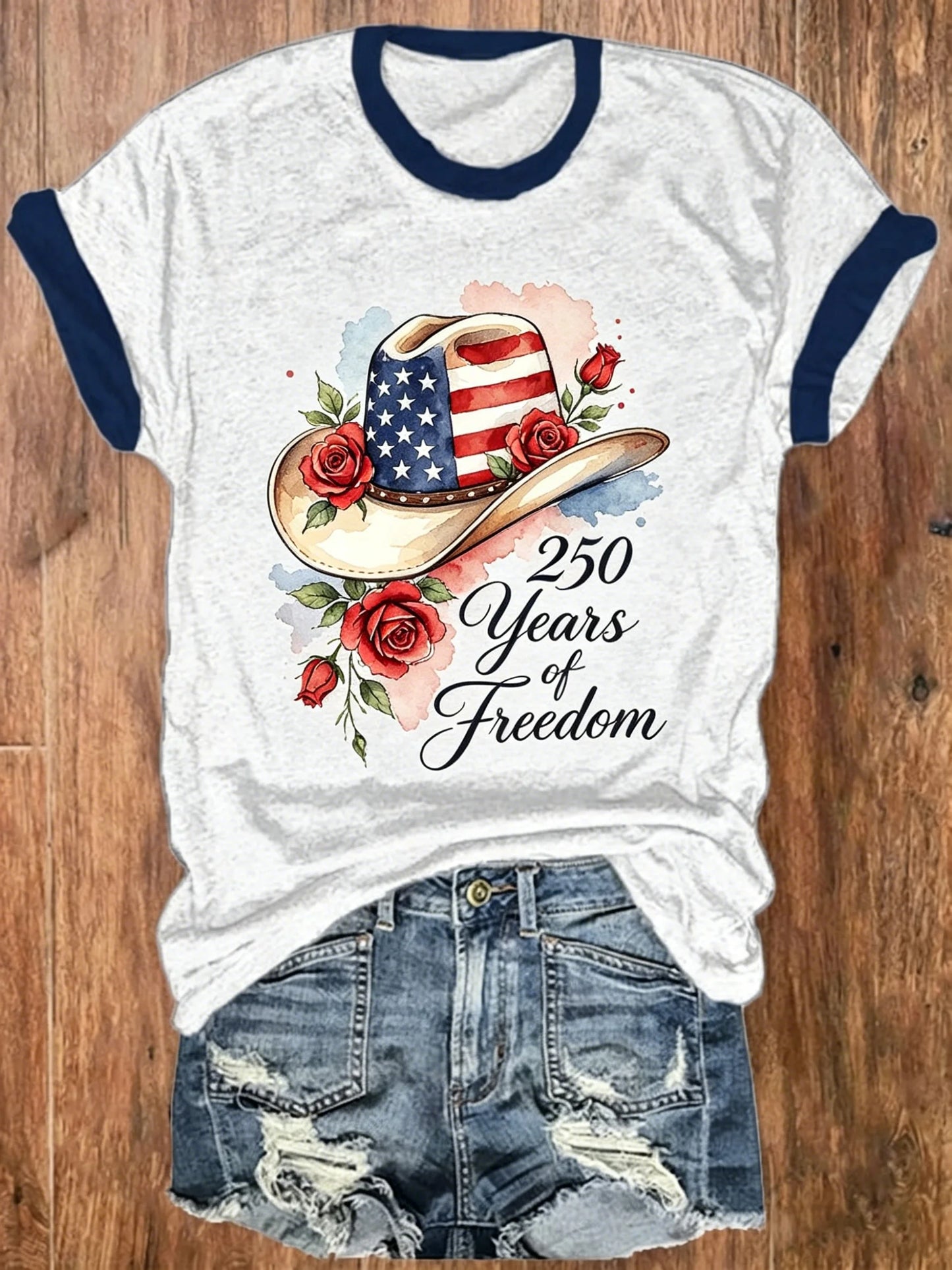 Heather Grey Navy Trim Watercolor Flag Cowboy Hat Red Rose 250 Years of Freedom Print Short Sleeve Ringer Tee