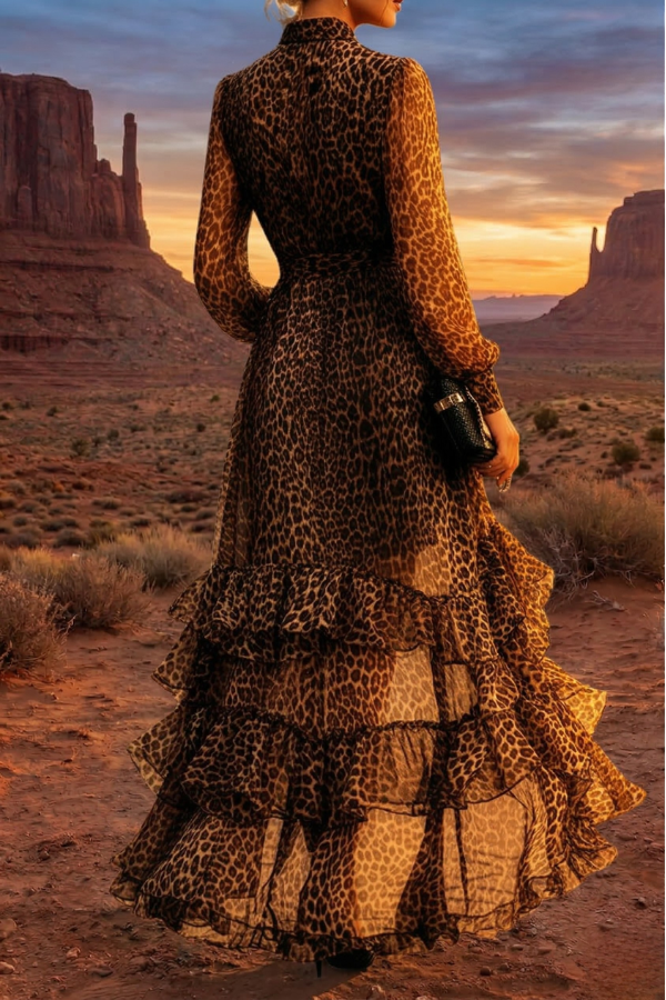 Asymmetrical Ruffle Leopard Maxi Dress