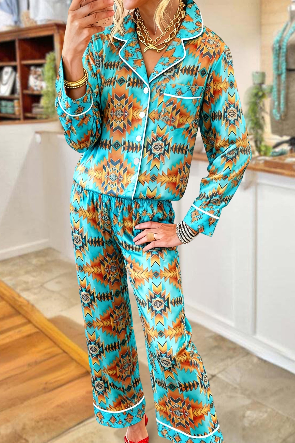 Western Aztec Top And Pants Pajama Set