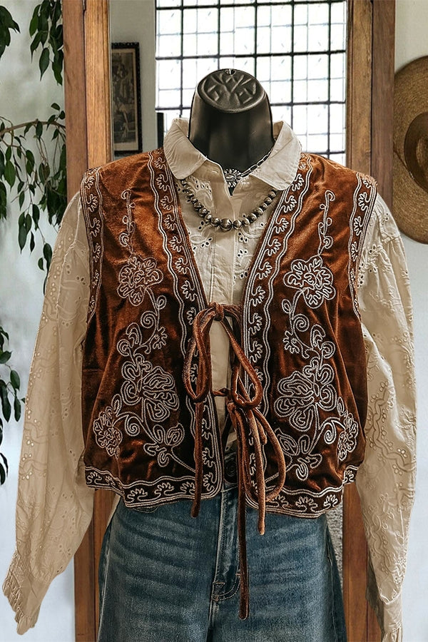 Retro Velvet Floral Tie-Front Vest