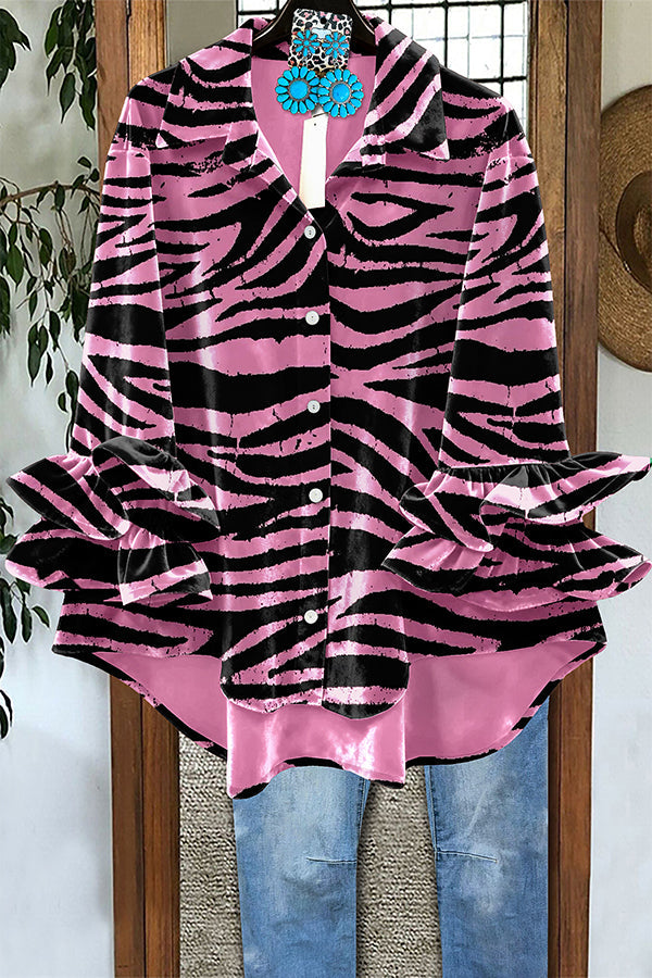 Classic Zebra Print Velvet Ruffle Sleeve Top