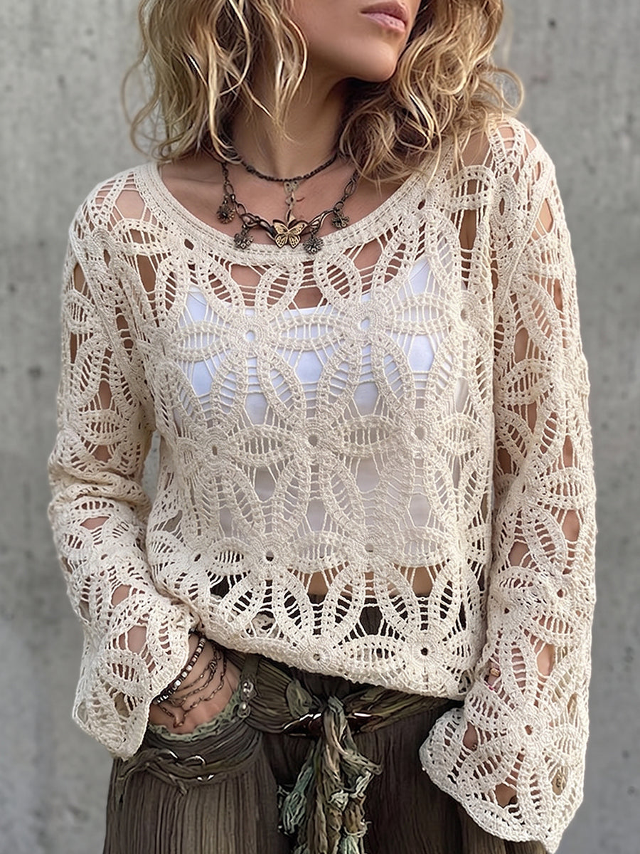 Cream Crochet Open-Knit Sweater