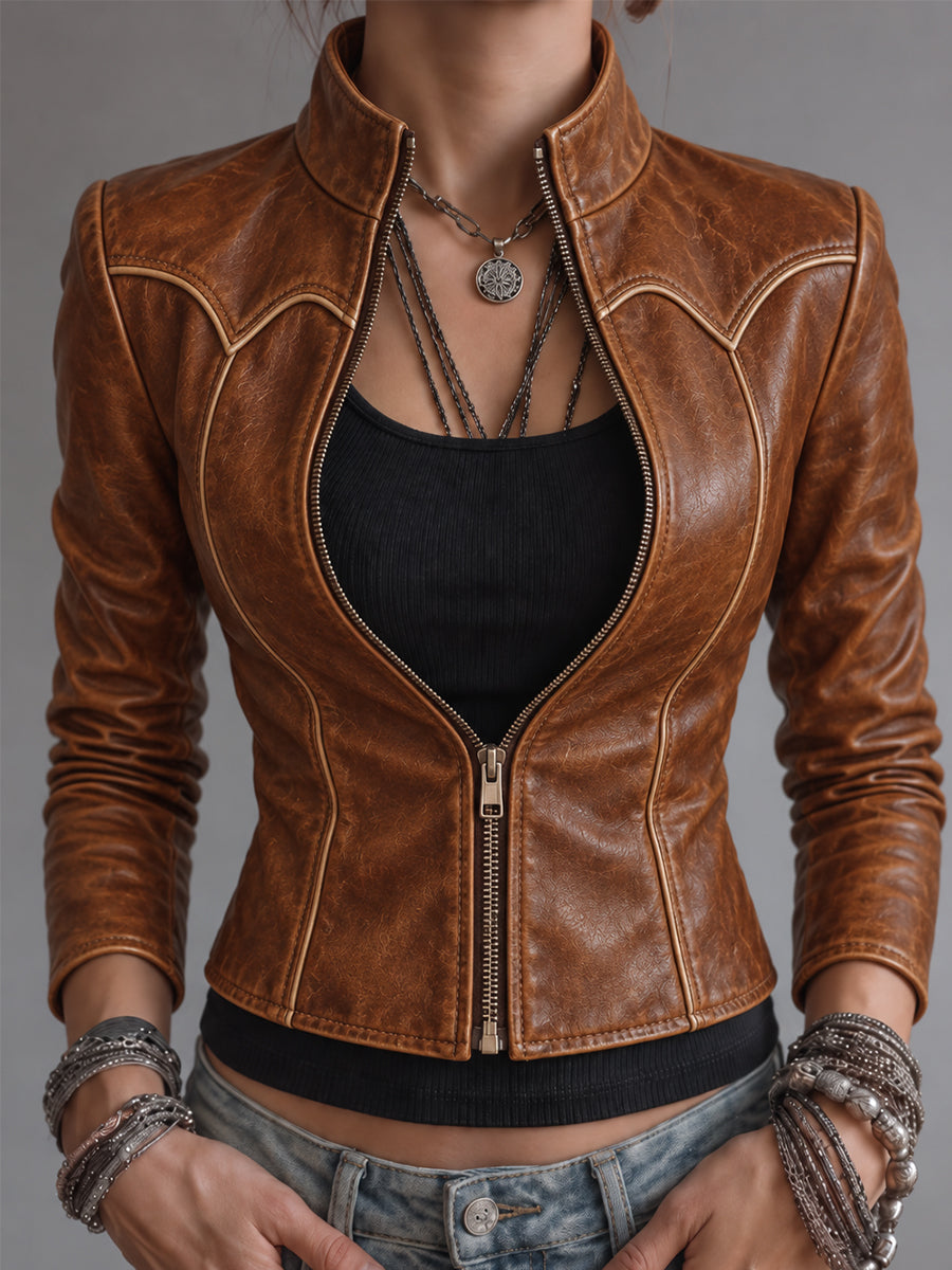 Cognac Brown Piped Leather Moto Jacket
