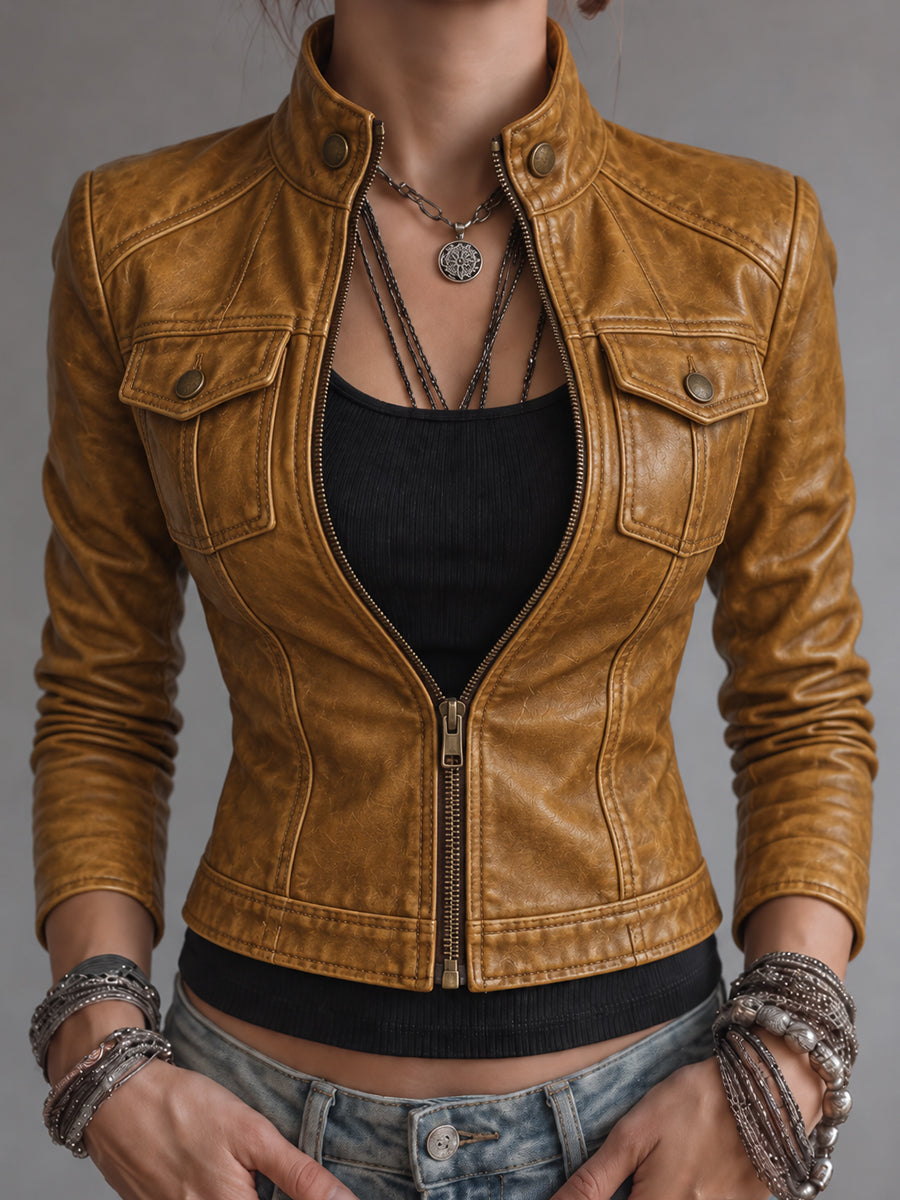 Mustard Brown Utility Leather Jacket