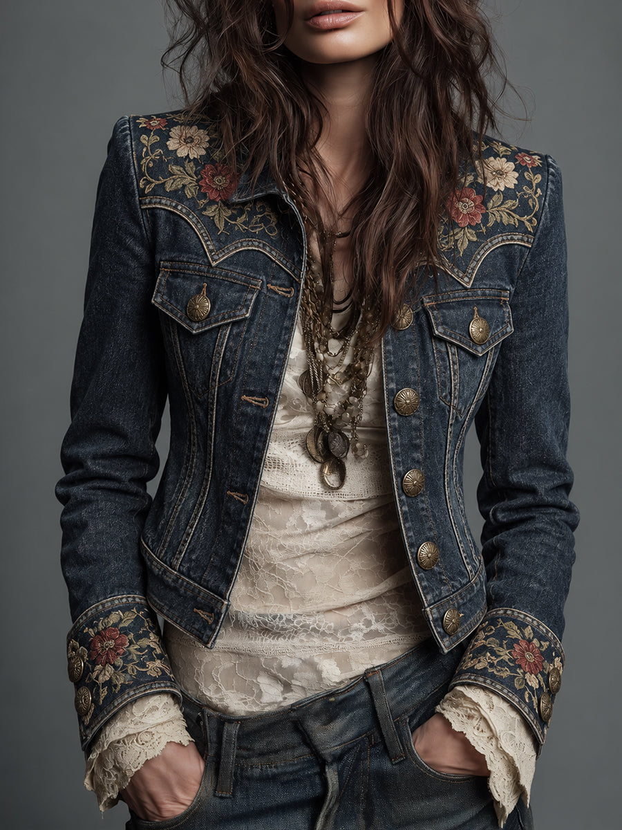 Navy Floral Embroidered Denim Jacket