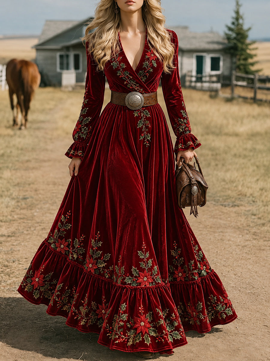 Burgundy Velvet Embroidered Maxi Dress
