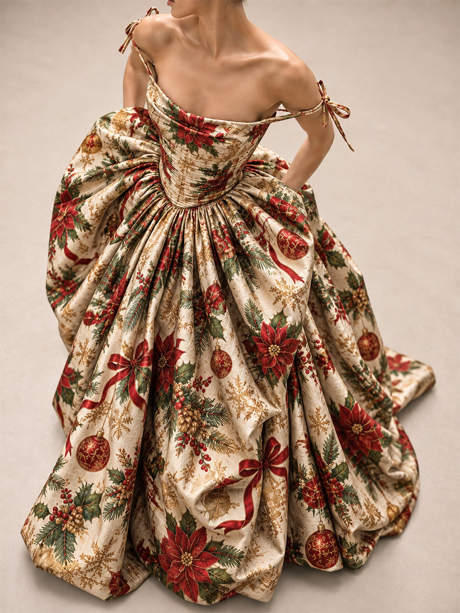 Cream Christmas Print Ball Gown