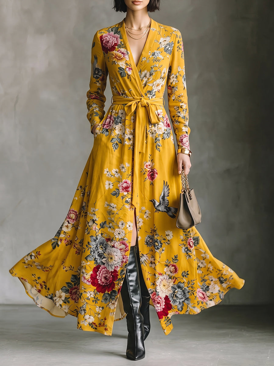 Yellow Floral Satin Wrap Maxi Dress