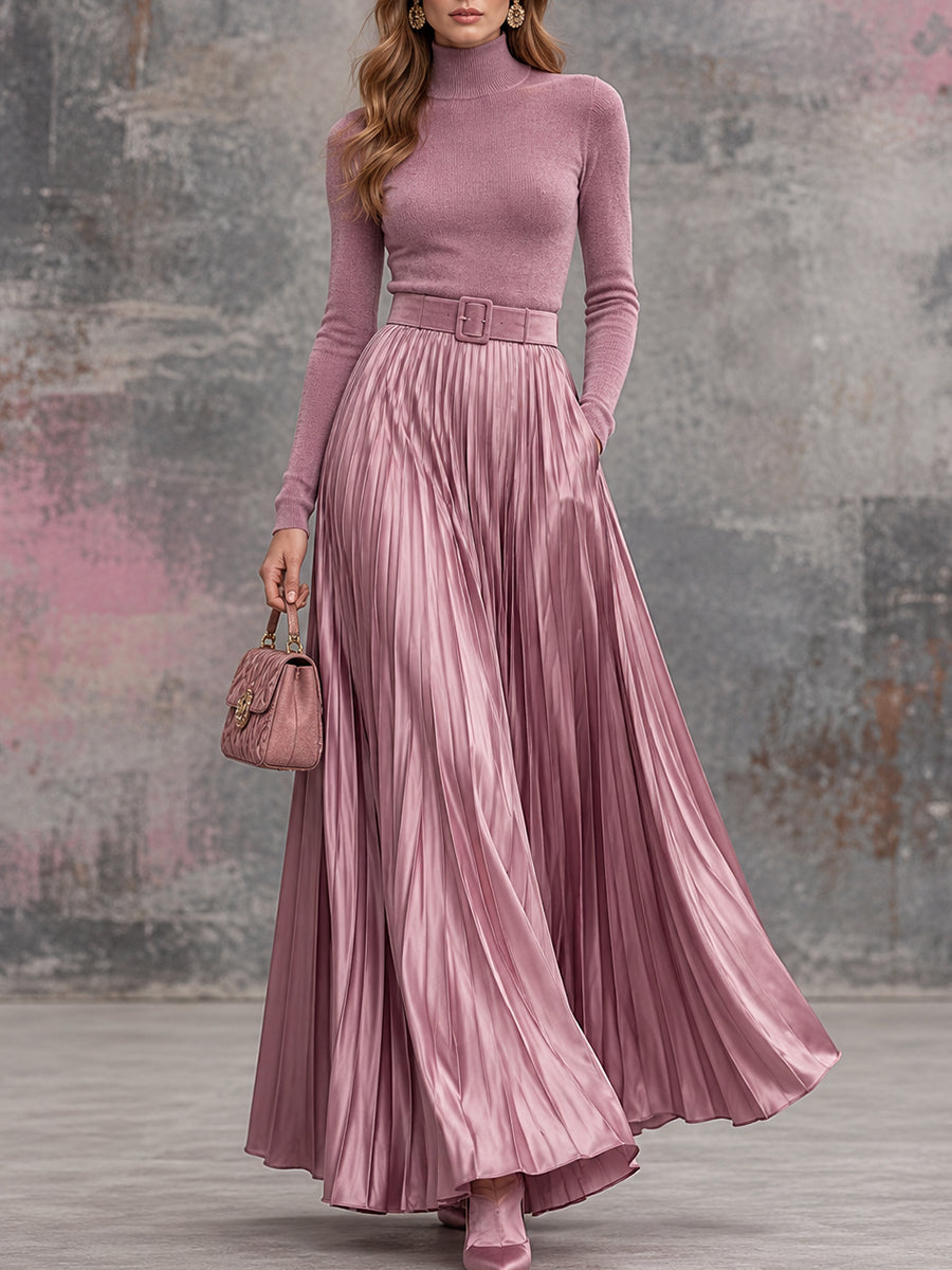 Pink Satin Pleated Maxi Skirt Set