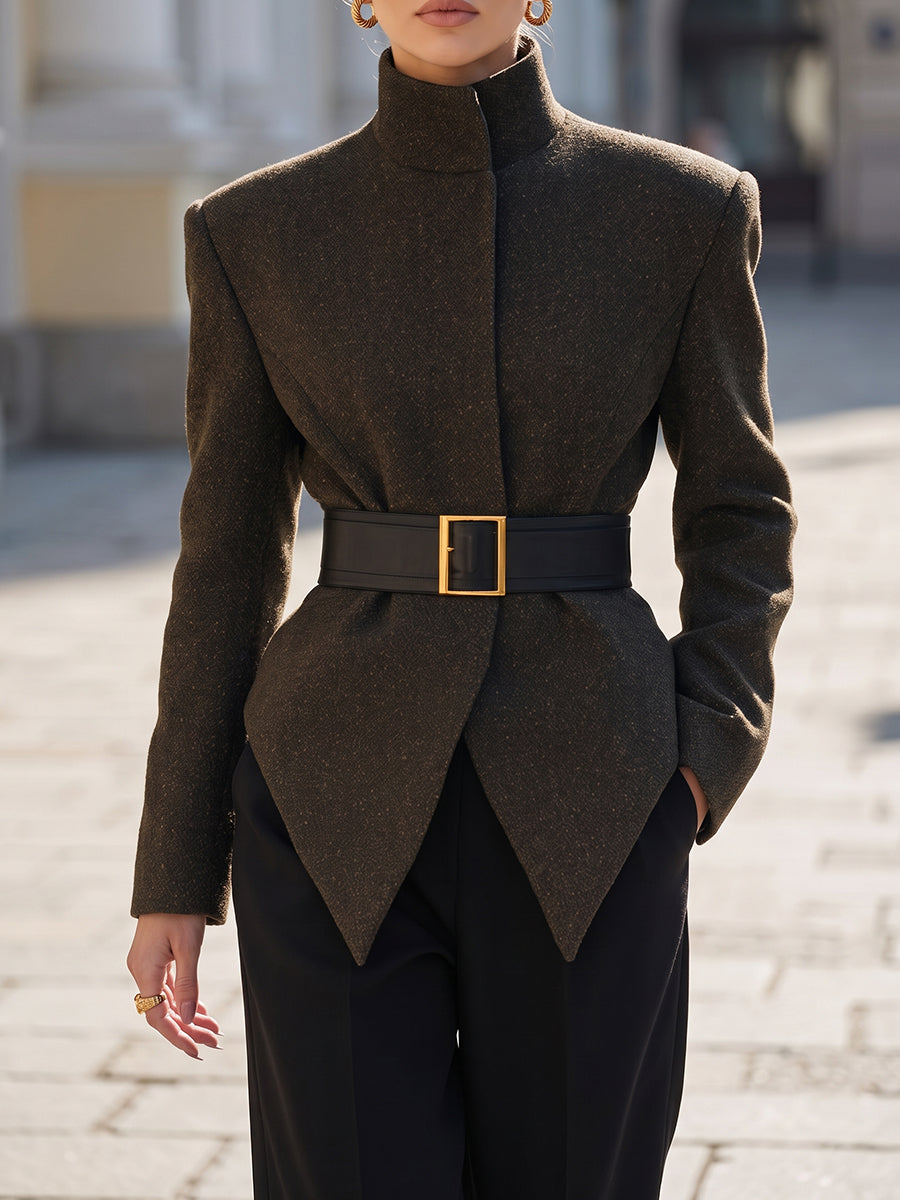 DarkBrown Belted Funnel Neck Jacket