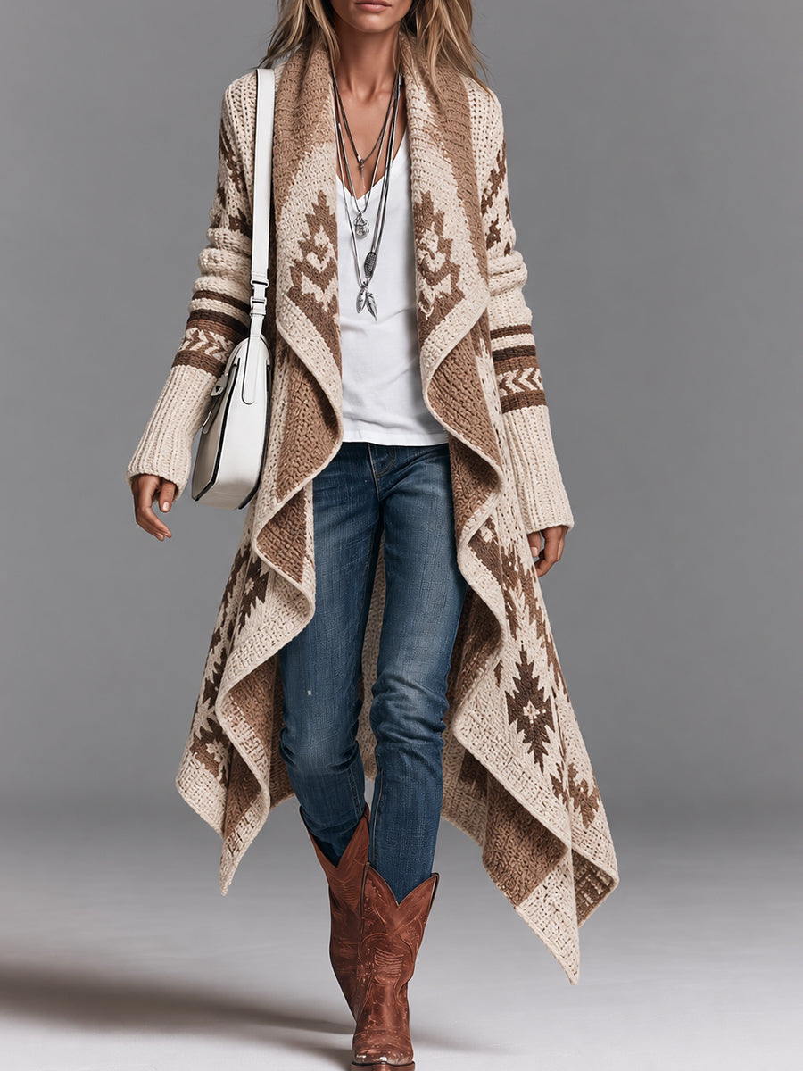 Cream Brown Aztec Print Open Front Long Cardigan