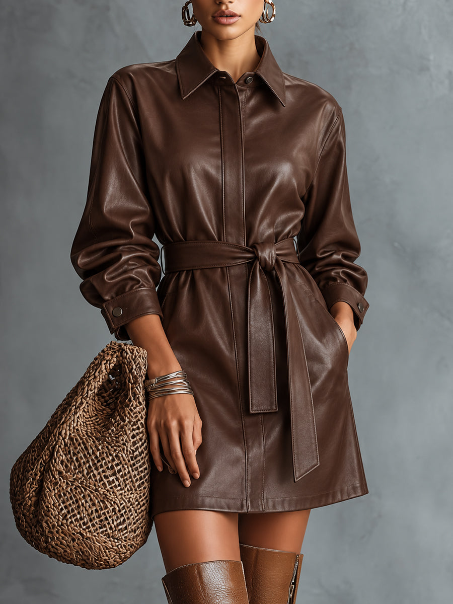 DarkBrown Faux Leather Belted Shirt Dress