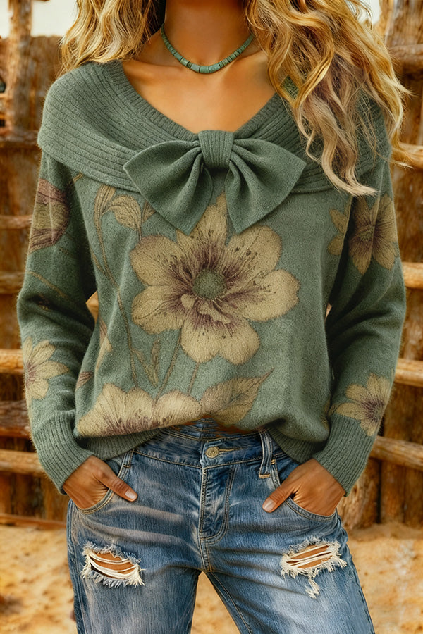 Elegant Floral Pattern Bow Detailed Sweater