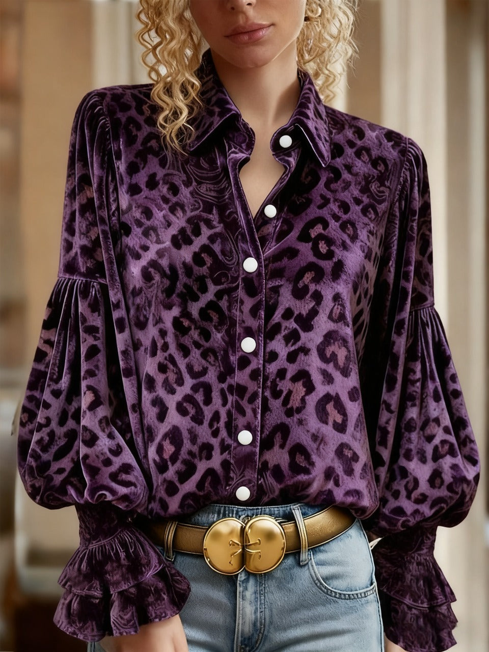 Leopard Print Lantern Sleeve Velvet Top