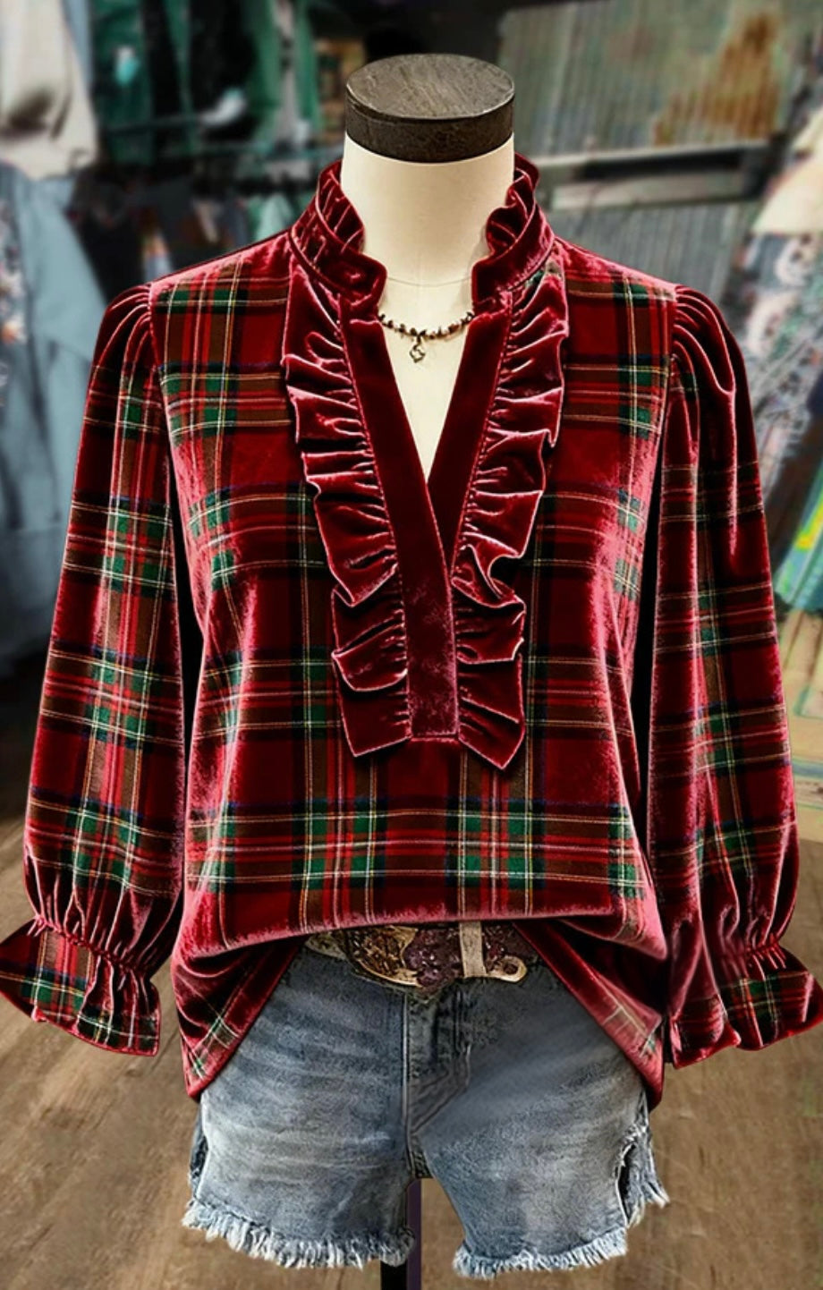 Classic Plaid Ruffle Neck Three Quater Sleeve Velvet Top