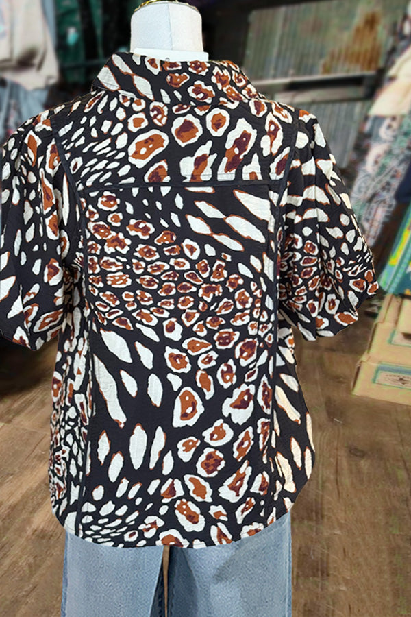 Abstract Print Collared Bubble Sleeve Top