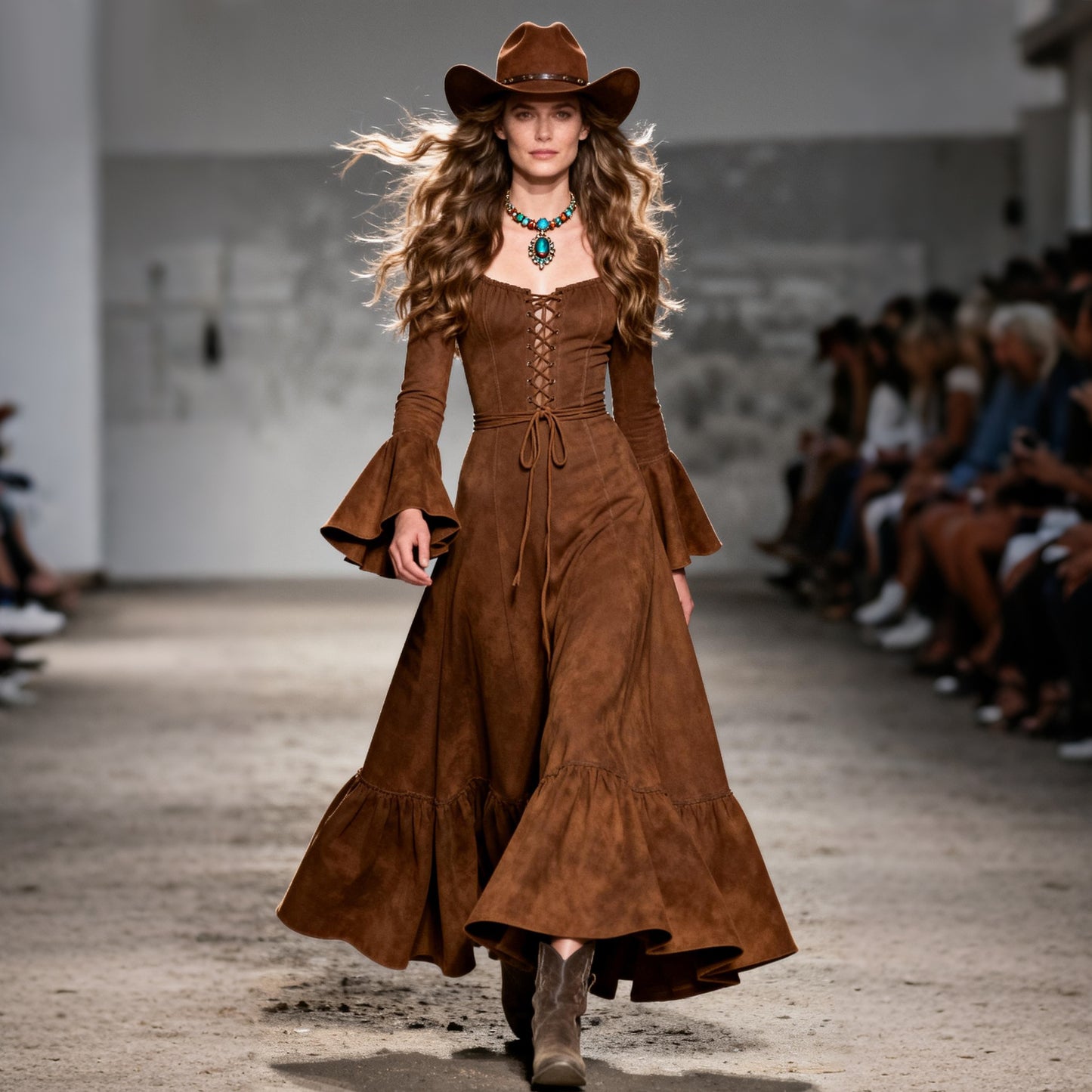 Women's Retro Square Neck Thin Strap Trumpet Sleeve Long Sleeve Long Dress