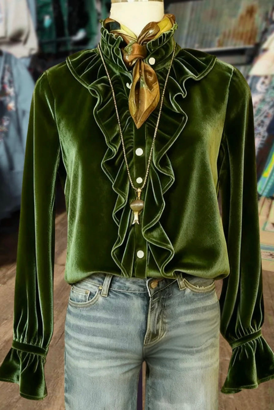 Elegant Ruffle Neck Long Sleeve Sleeve Velvet Top
