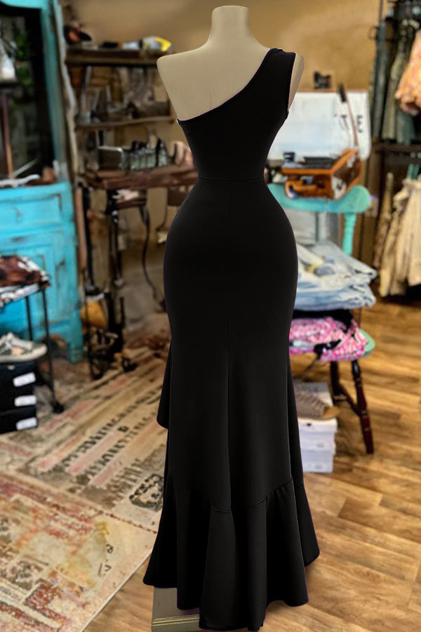 One Shoulder Slit Ruffle Dress